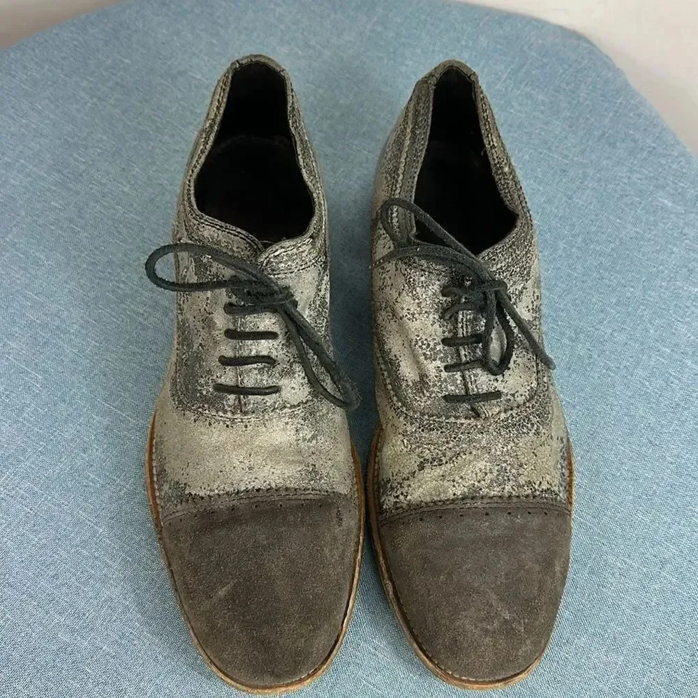All Saints Spitalfields Men’s Silver Metallic Gray Suede Oxford Shoes Size 45/12